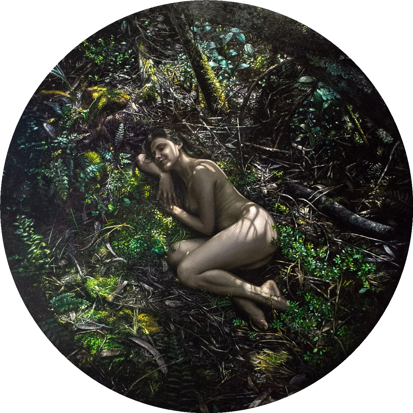 Arrullo del Bosque, Serie Oasis · Óleo sobre lienzo · Tondo de 100 cm · 2025
