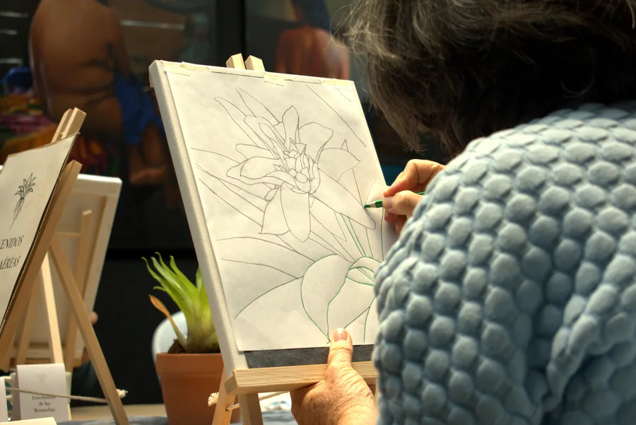 Dibujo de la bromelia sobre el retablo antes de la grisalla.